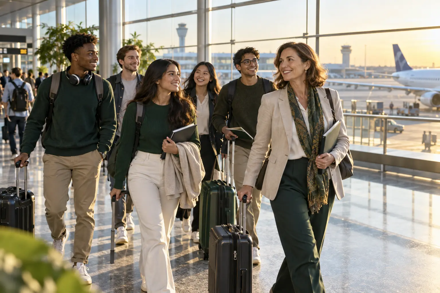 University study group with a faculty leader at an airport