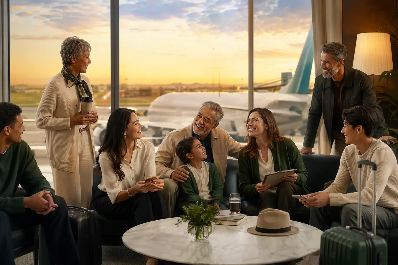 A multigenerational group preparing to travel