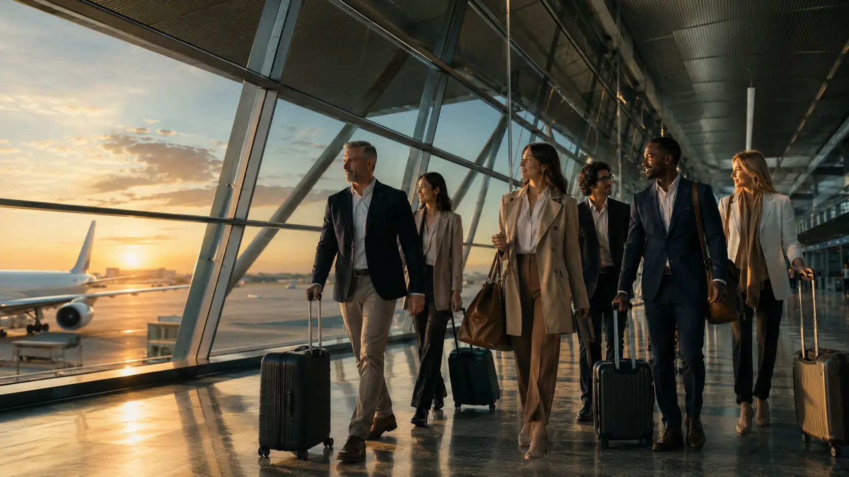Corporate group travelling through an international airport